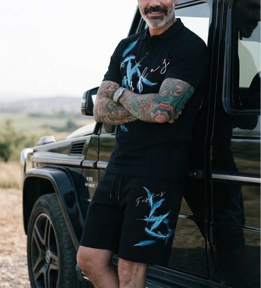 Bộ áo polo và quần short FesFas in hình lông vũ