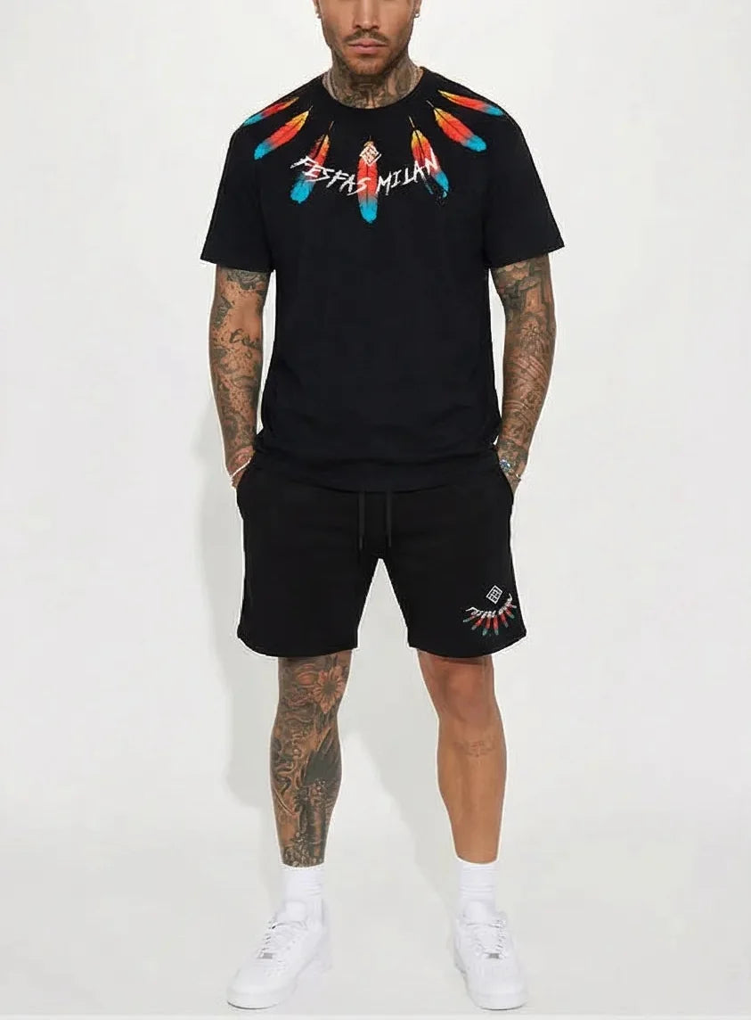 Bộ áo thun và quần short FesFas in hình lông vũ