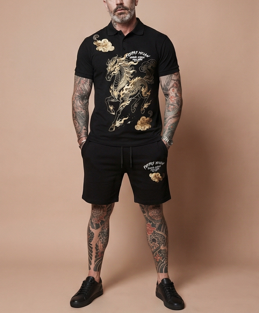 Bộ áo polo và quần short FesFas in hình ngựa vàng