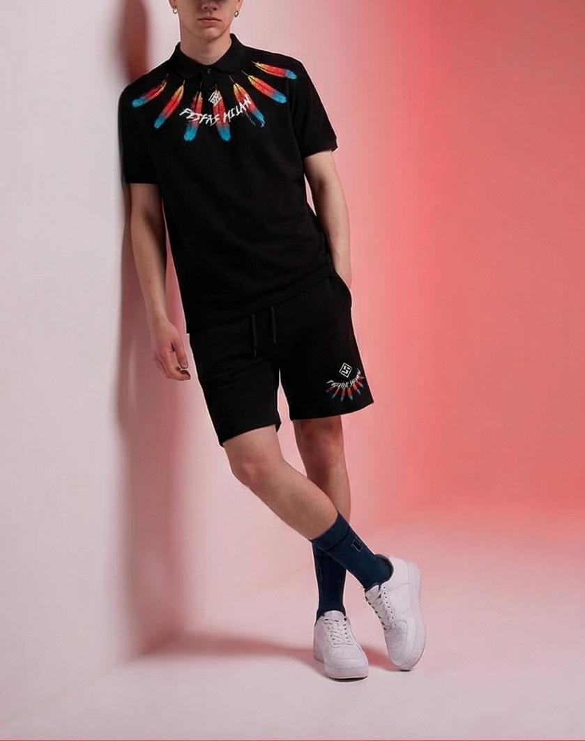 Bộ áo polo và quần short FesFas in hình lông vũ
