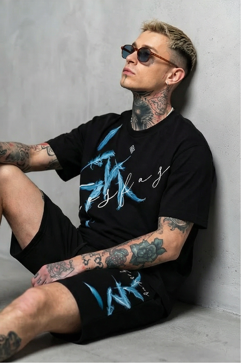 Bộ áo thun và quần short FesFas in hình lông vũ