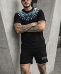 Bộ áo thun và quần short FesFas in hình lông vũ xanh