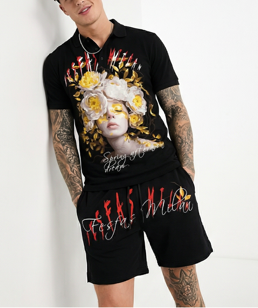 Bộ áo polo và quần short FesFas in hình nữ thần hoa