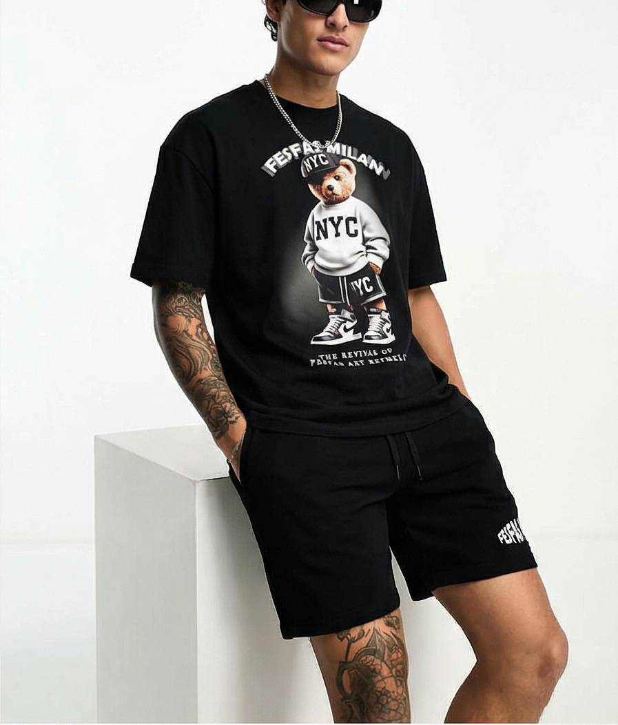 Bộ áo thun và quần short FesFas in hình gấu thể thao