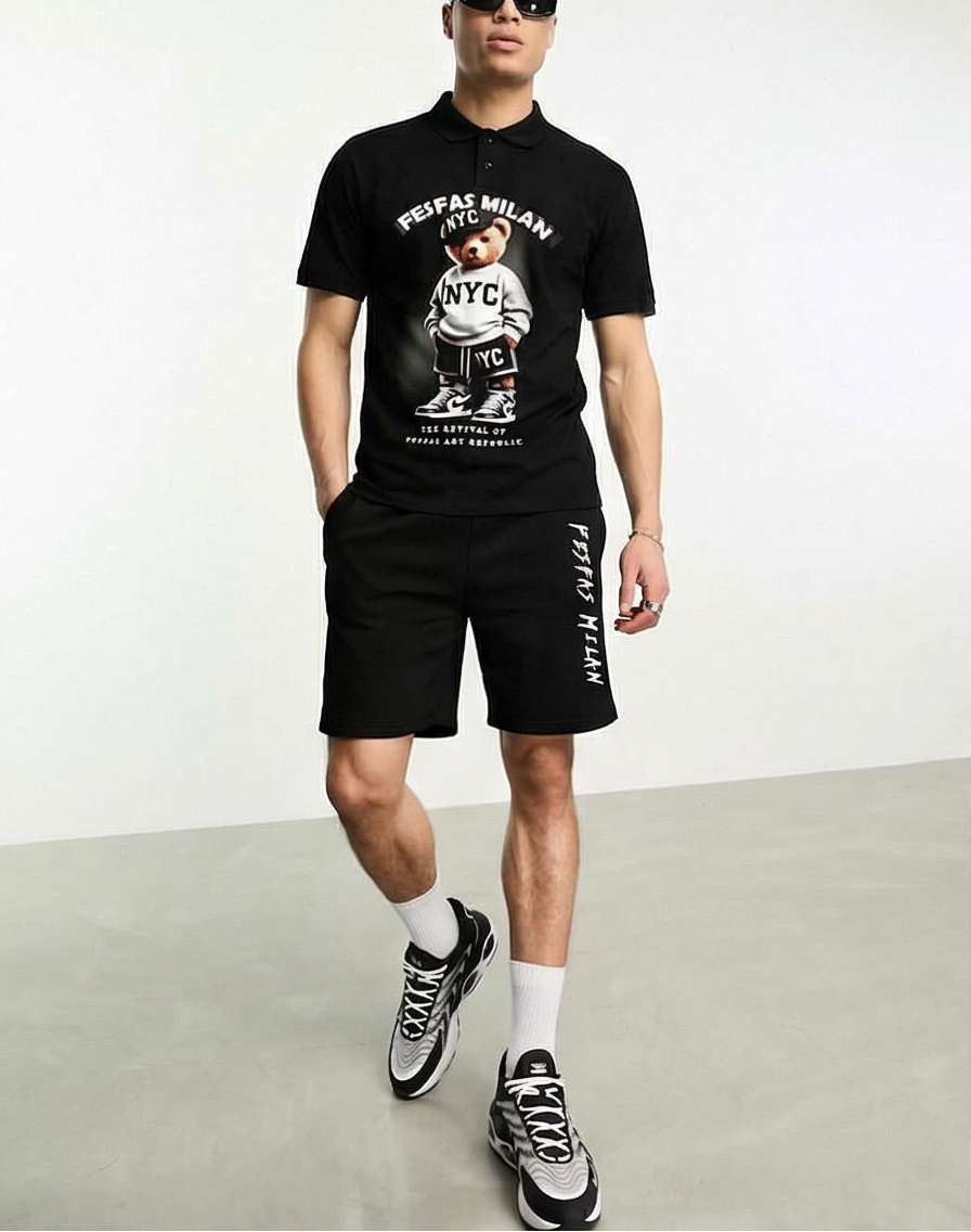 Bộ áo polo và quần short FesFas in hình gấu thể thao