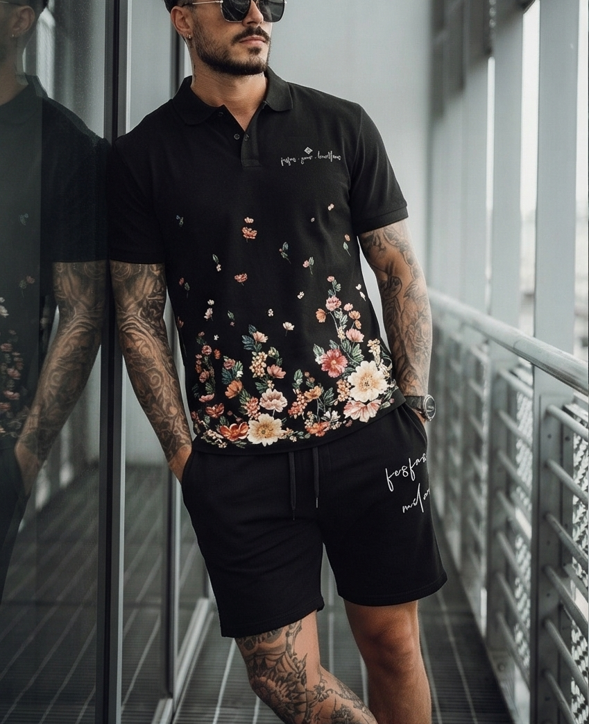 Bộ áo polo và quần short FesFas in hình hoa