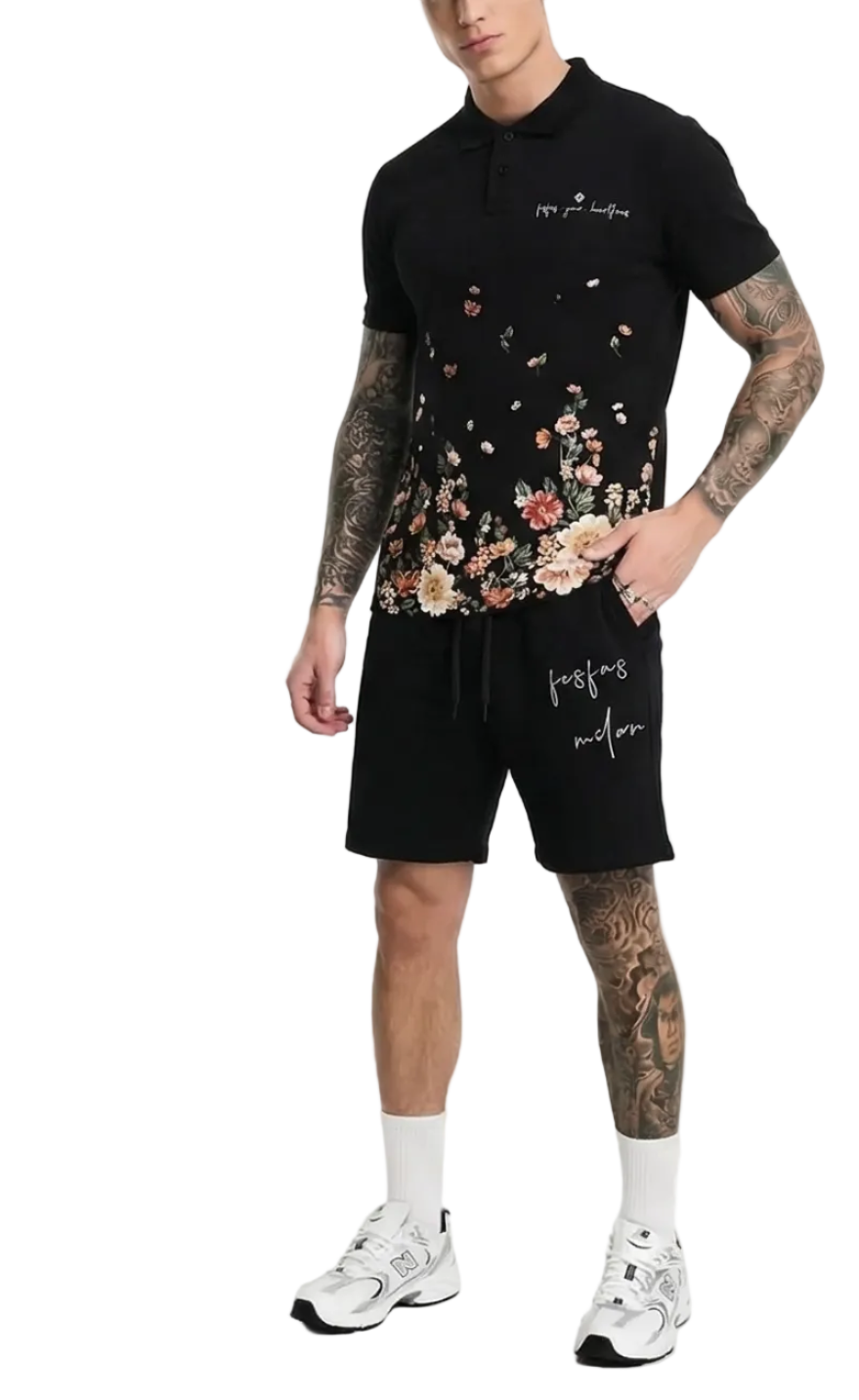 Bộ áo polo và quần short FesFas in hình hoa