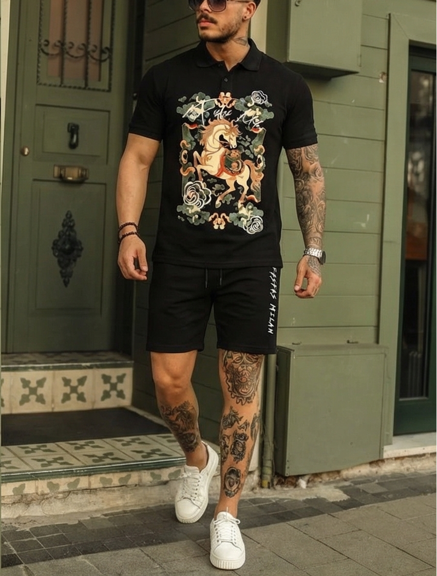 Bộ áo polo và quần short FesFas in hình ngựa mây