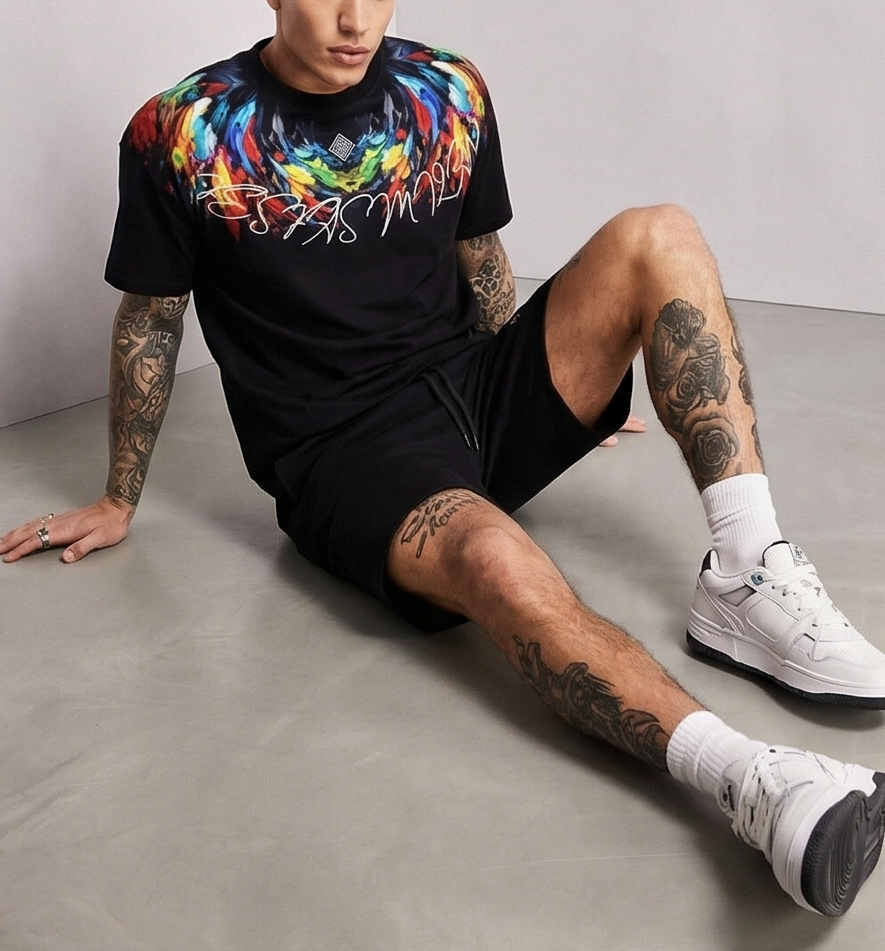Bộ áo thun và quần short FesFas in hình lông vũ đa sắc