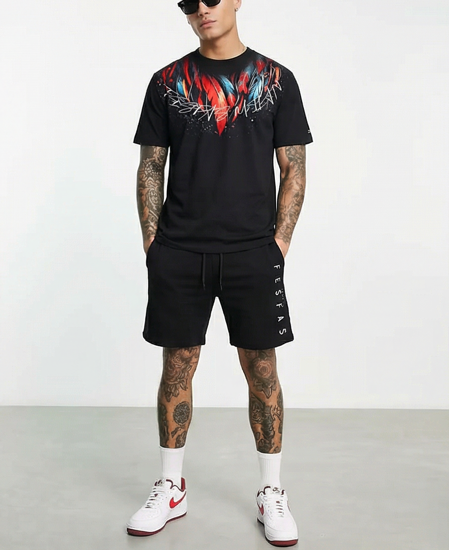 Bộ áo thun và quần short FesFas in hình lông vũ đỏ