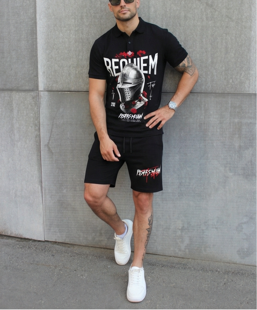 Bộ áo polo và quần short FesFas in hình mũ hiệp sĩ