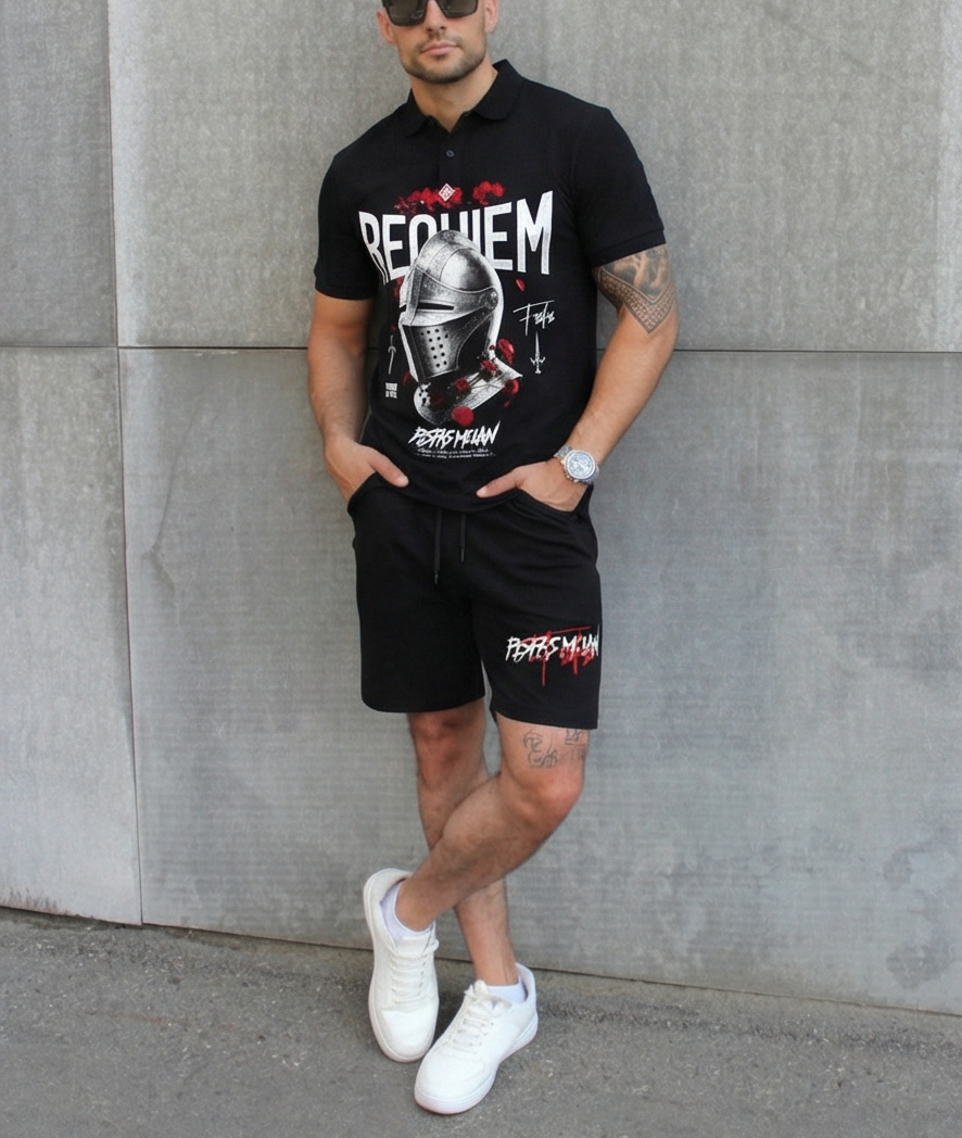 Bộ áo polo và quần short FesFas in hình mũ hiệp sĩ