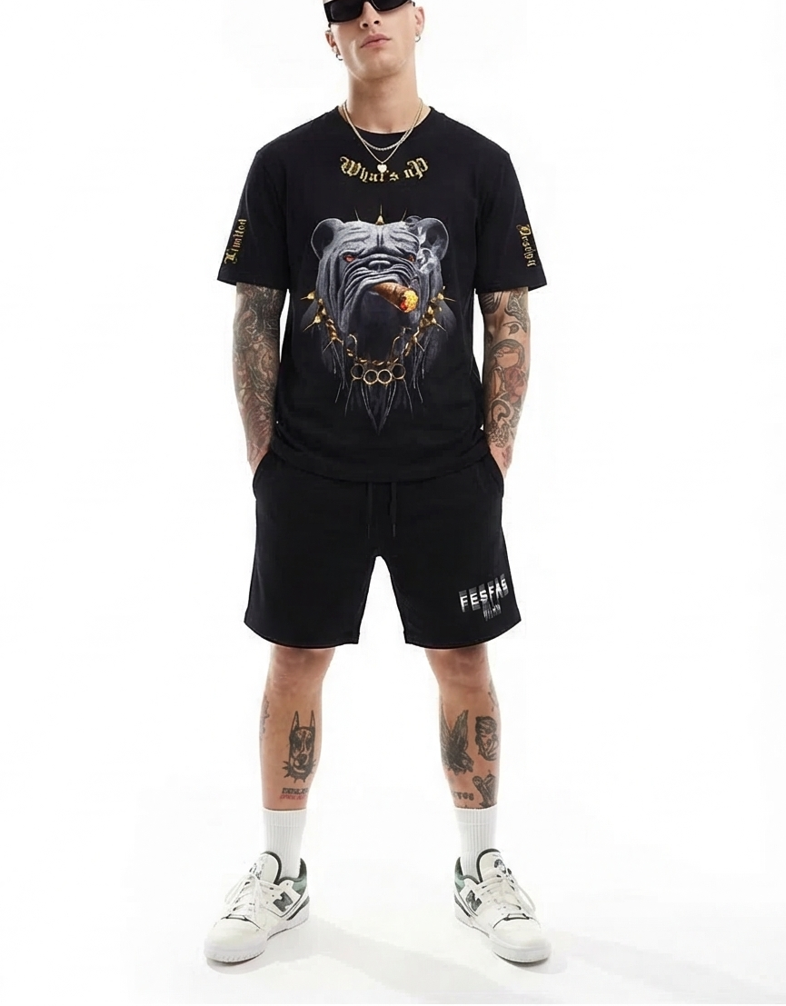 Bộ áo thun và quần short FesFas in hình chó bulldog