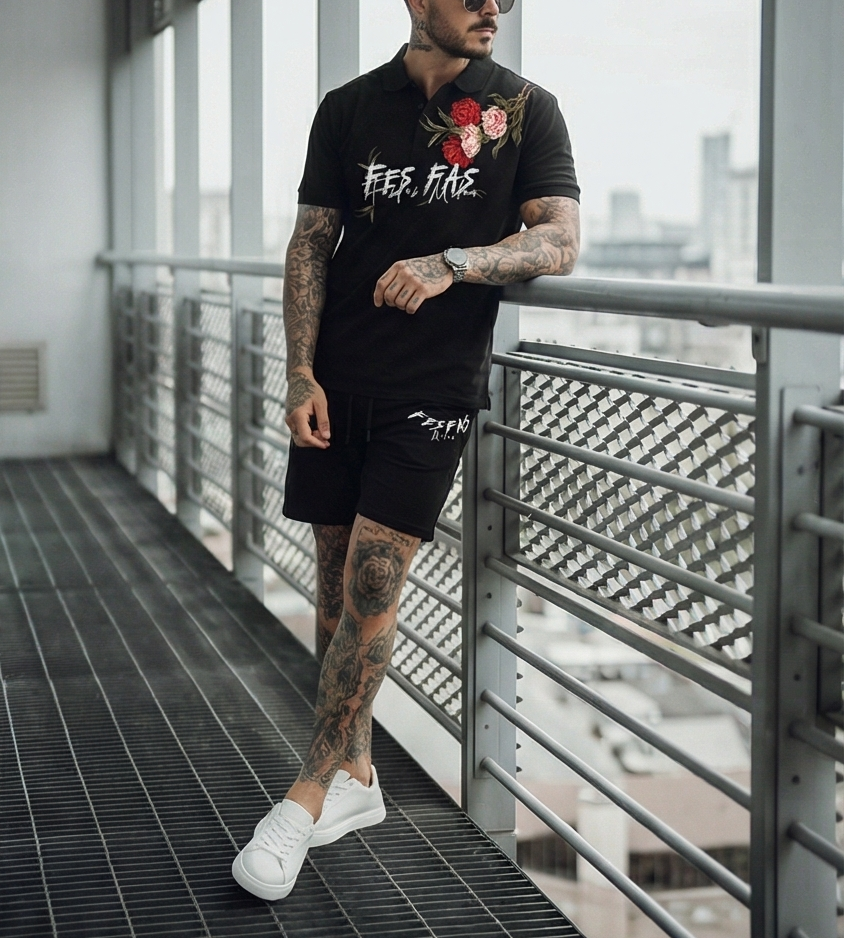 Bộ áo polo và quần short FesFas in hình hoa