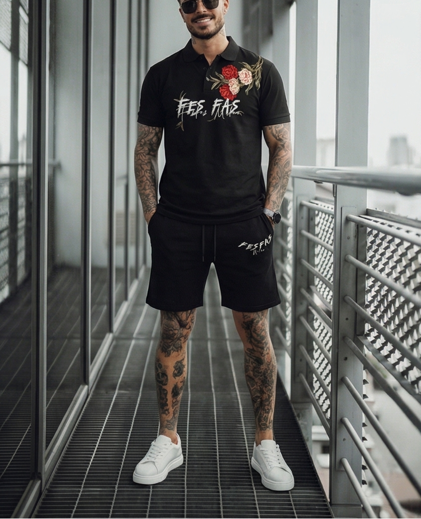 Bộ áo polo và quần short FesFas in hình hoa