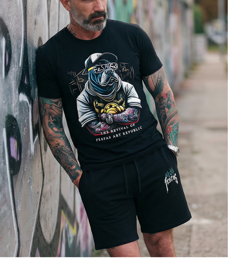 Bộ áo thun và quần short FesFas in hình chó bulldog