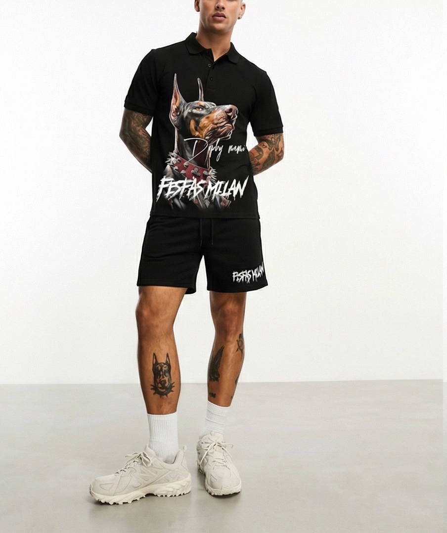 Bộ áo polo và quần short FesFas in hình chó Doberman
