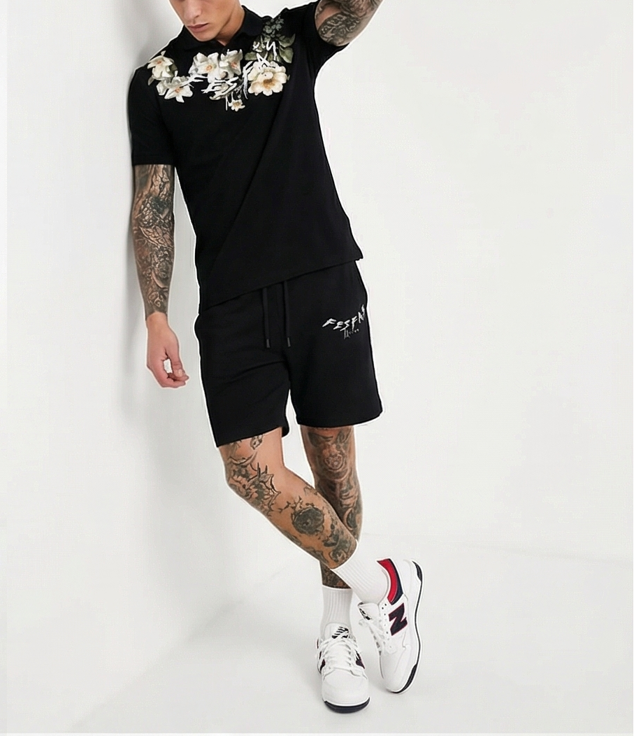 FesFas flowers-print | Bộ Polo | Nam | Màu Đen