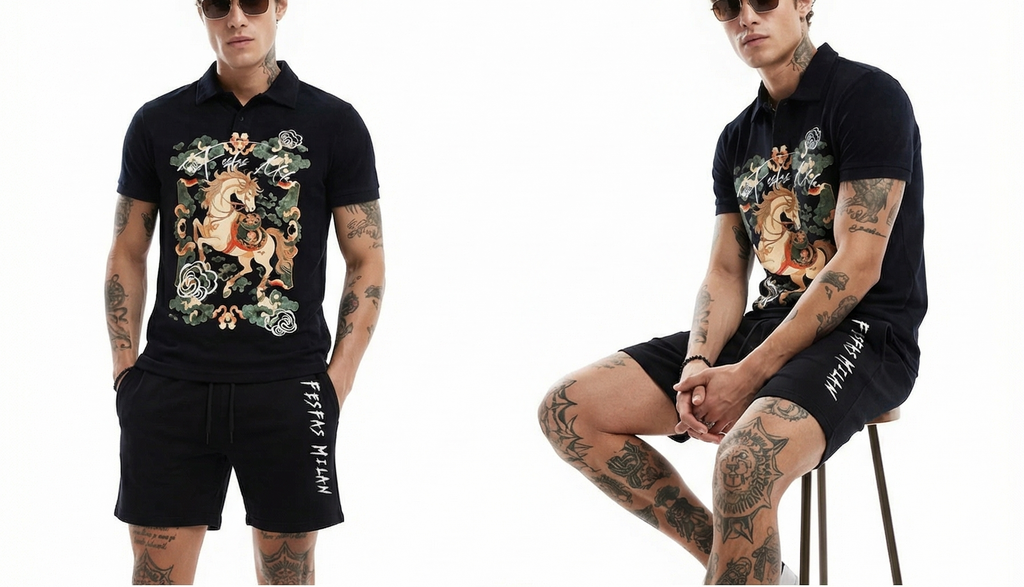 Bộ áo polo và quần short FesFas in hình ngựa mây