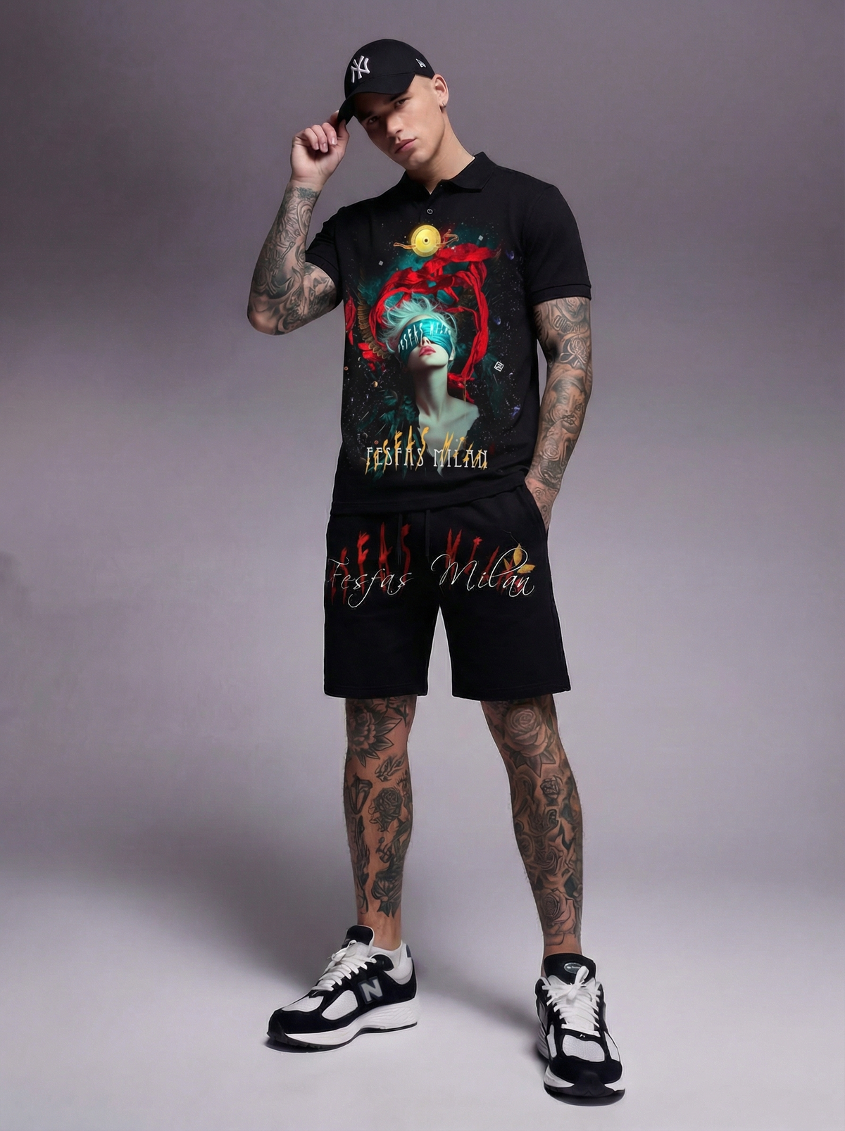 Bộ áo polo và quần short FesFas in hình họa tiết