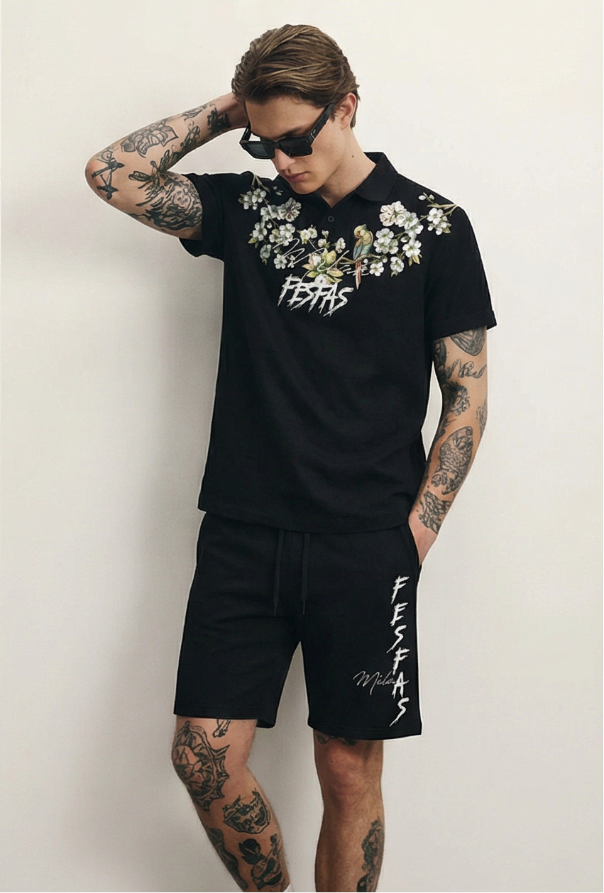 Bộ áo polo và quần short FesFas in hình hoa