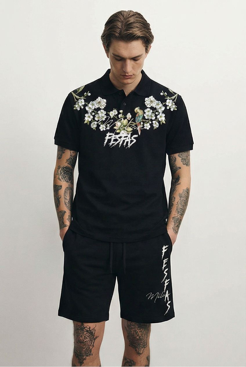 Bộ áo polo và quần short FesFas in hình hoa