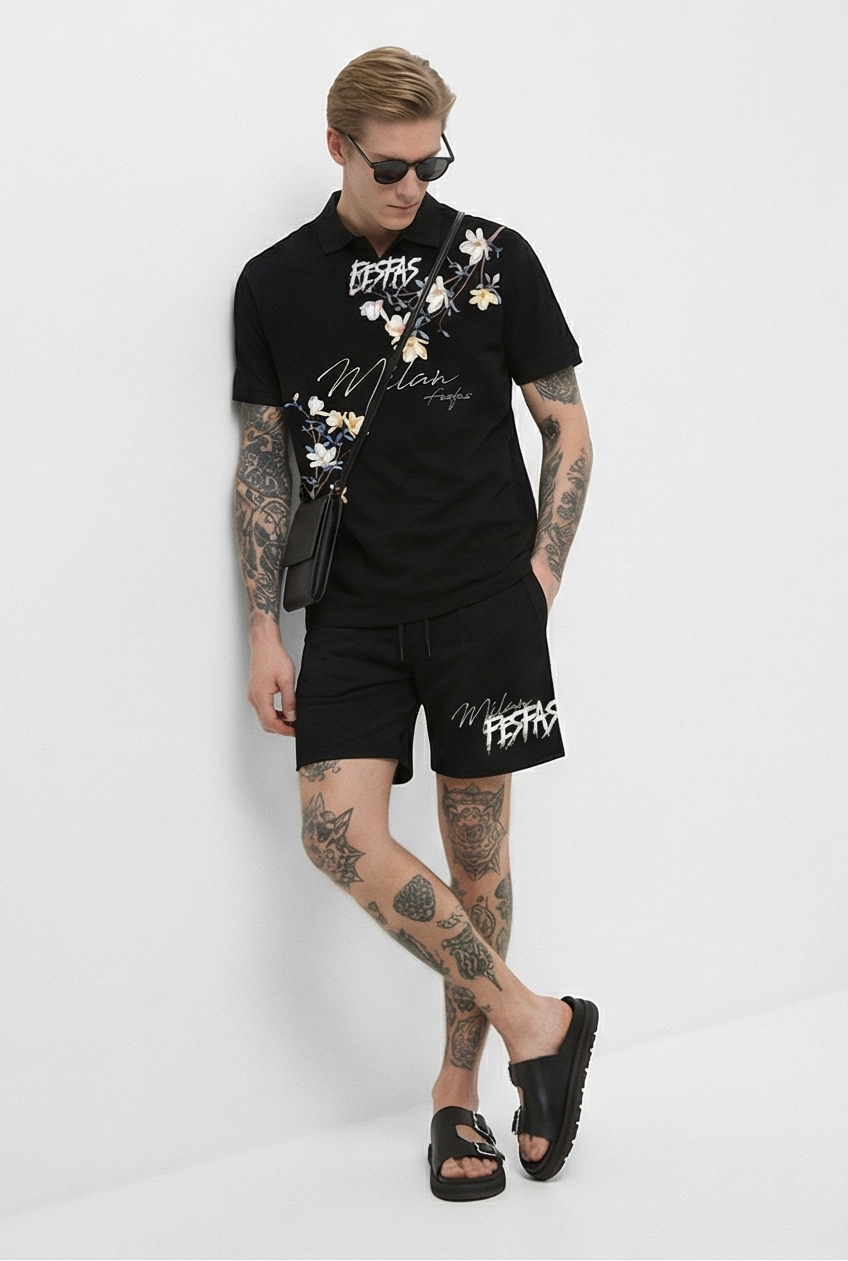FesFas flowers-print | Bộ Polo | Nam | Màu Đen