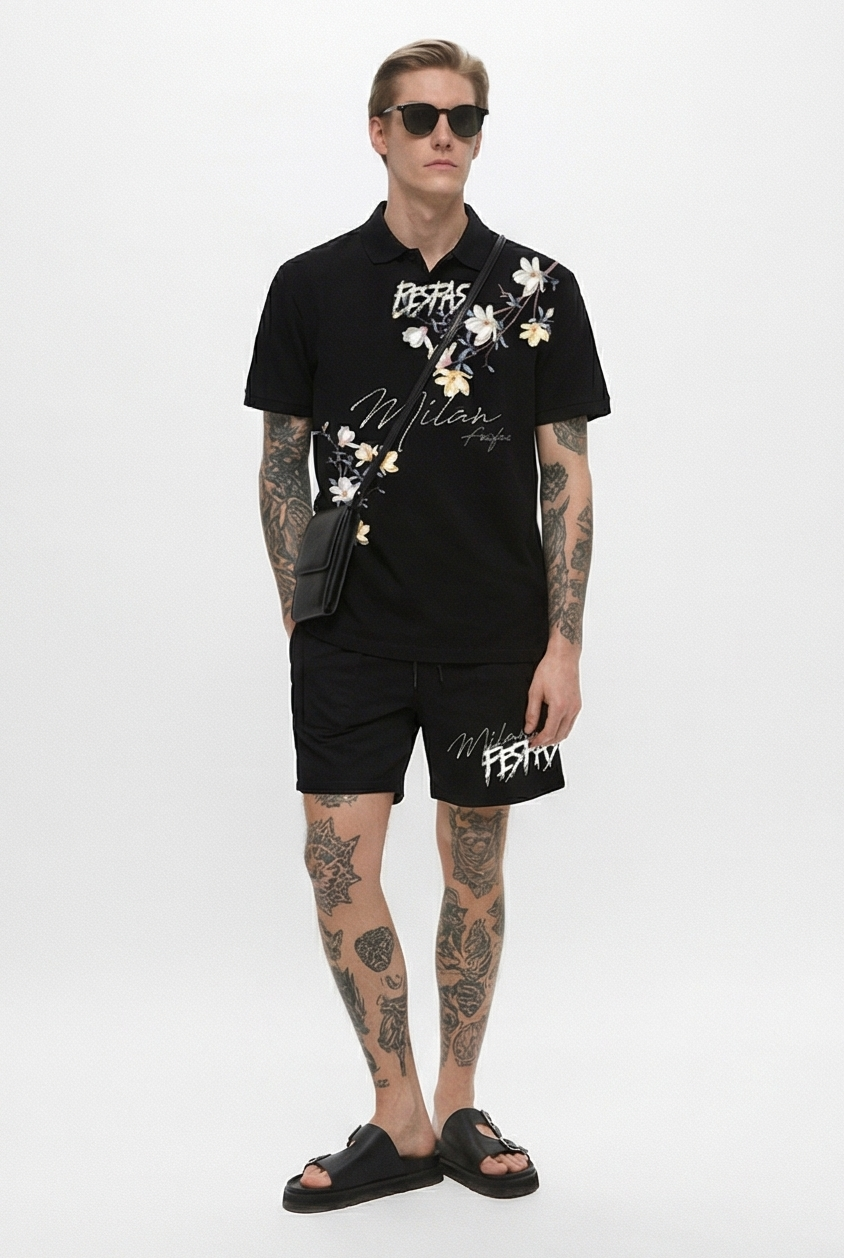 FesFas flowers-print | Bộ Polo | Nam | Màu Đen