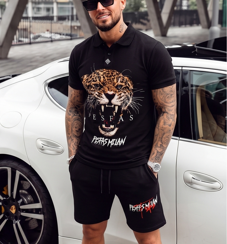 Bộ áo polo và quần short FesFas in hình báo đốm