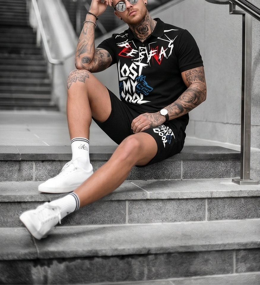 Bộ áo polo và quần short FesFas in hình họa tiết