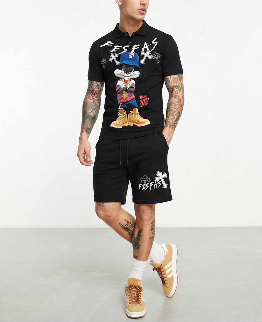 Bộ áo polo và quần short FesFas in hình xanh cap thỏ
