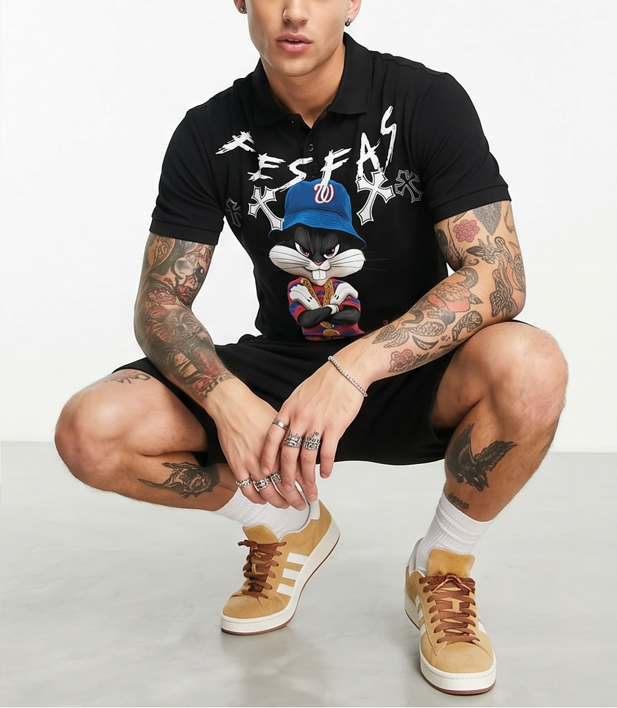Bộ áo polo và quần short FesFas in hình xanh cap thỏ