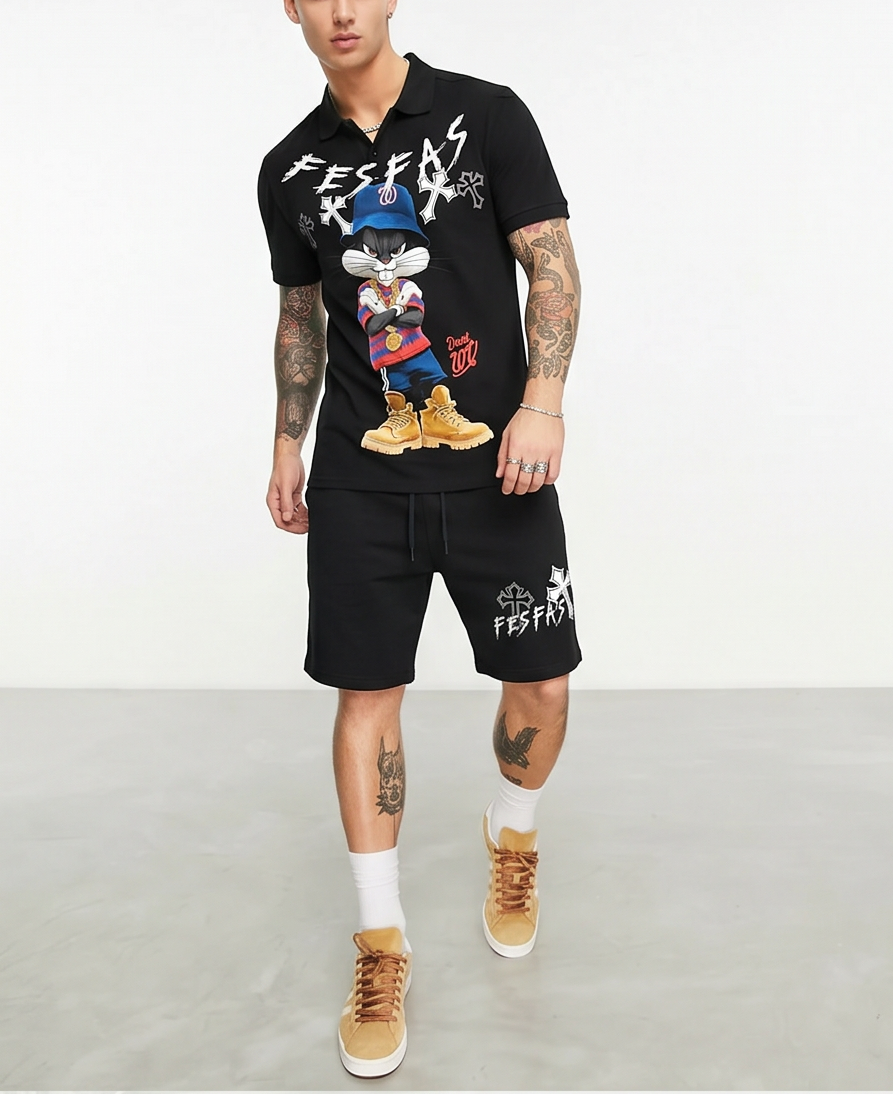 Bộ áo polo và quần short FesFas in hình xanh cap thỏ