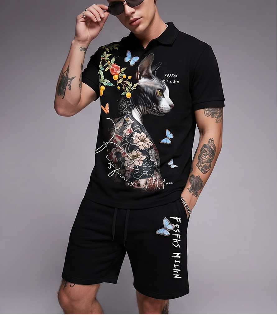 Bộ áo polo và quần short FesFas in hình sphynx