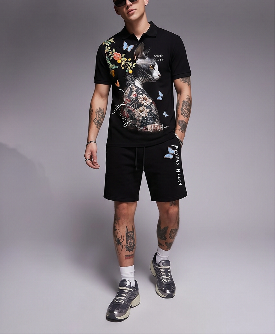 Bộ áo polo và quần short FesFas in hình sphynx