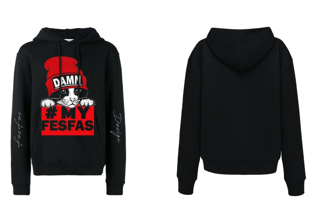Áo hoodie FesFas in hình mèo đội mũ đỏ