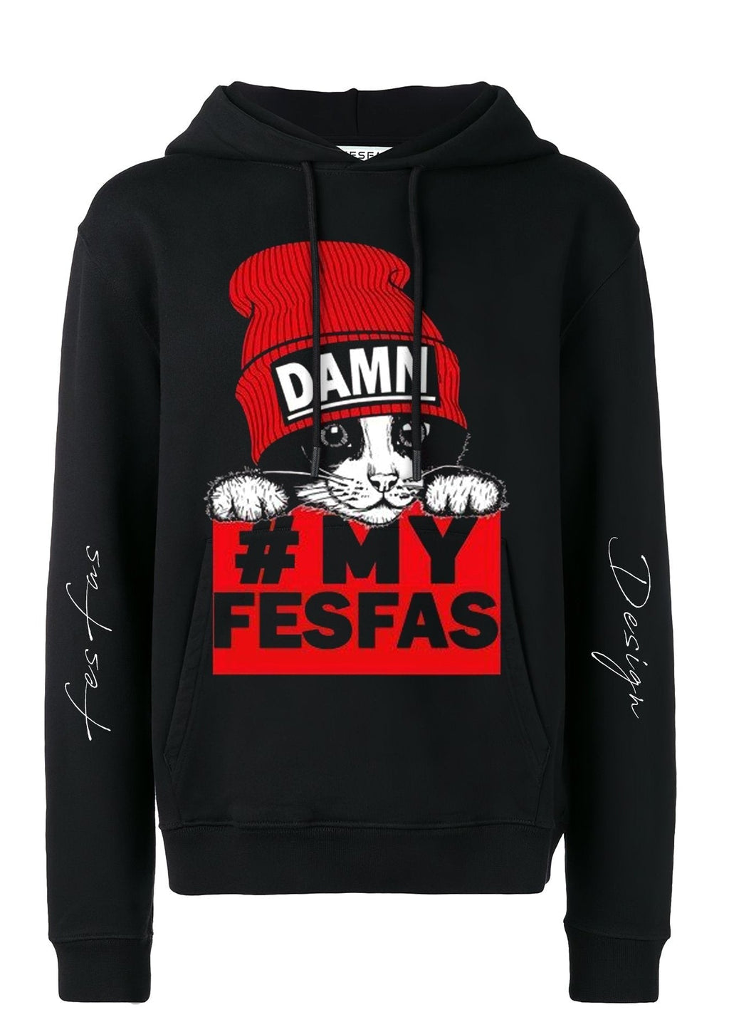 Áo hoodie FesFas in hình mèo đội mũ đỏ