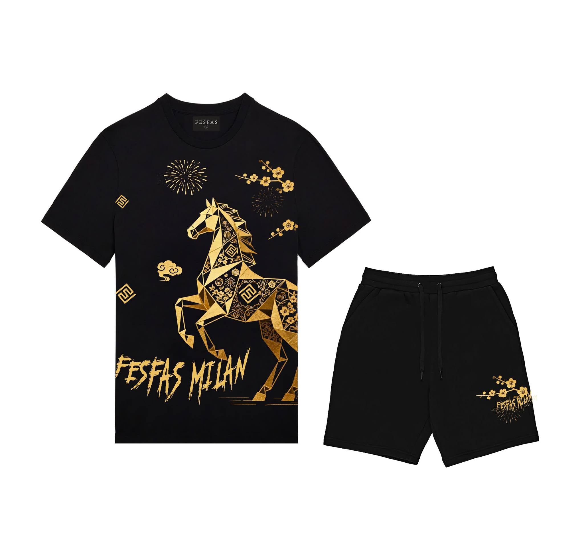 Bộ áo thun và quần short FesFas in hình ngựa vàng