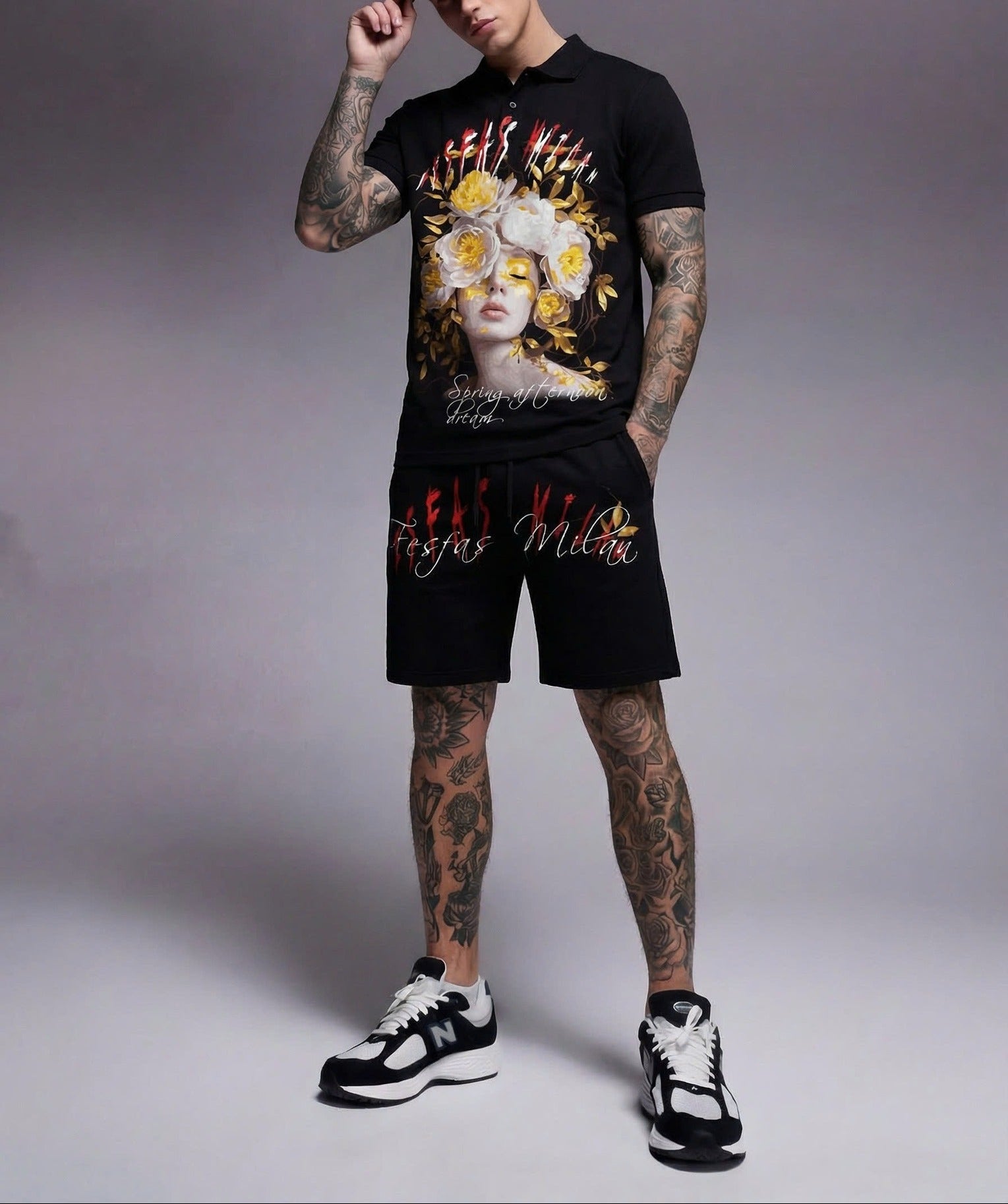 Bộ áo polo và quần short FesFas in hình nữ thần hoa