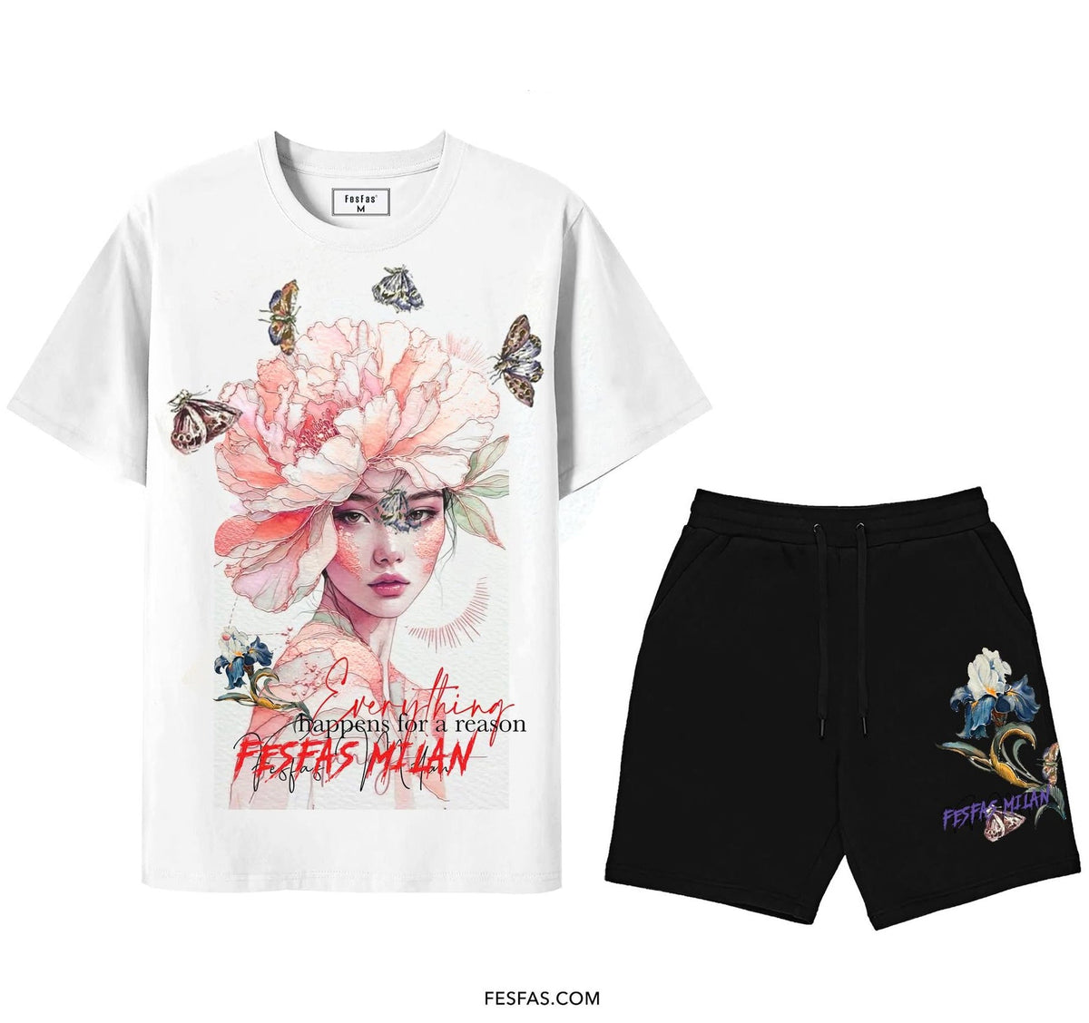 Bộ áo thun và quần short FesFas in hình nữ thần hoa | Đen & Trắng