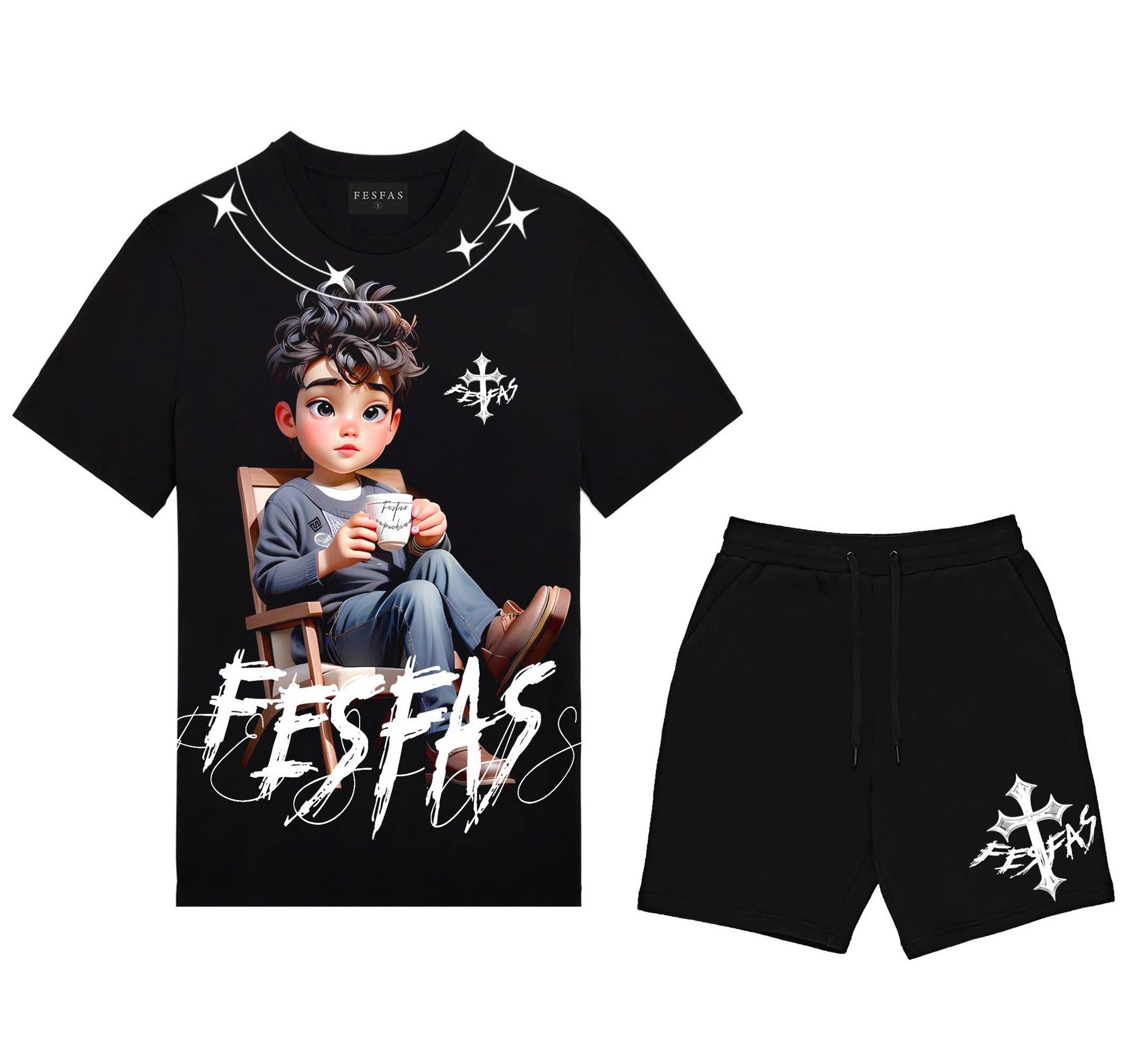 Bộ áo thun và quần short FesFas in hình chàng trai thư thái