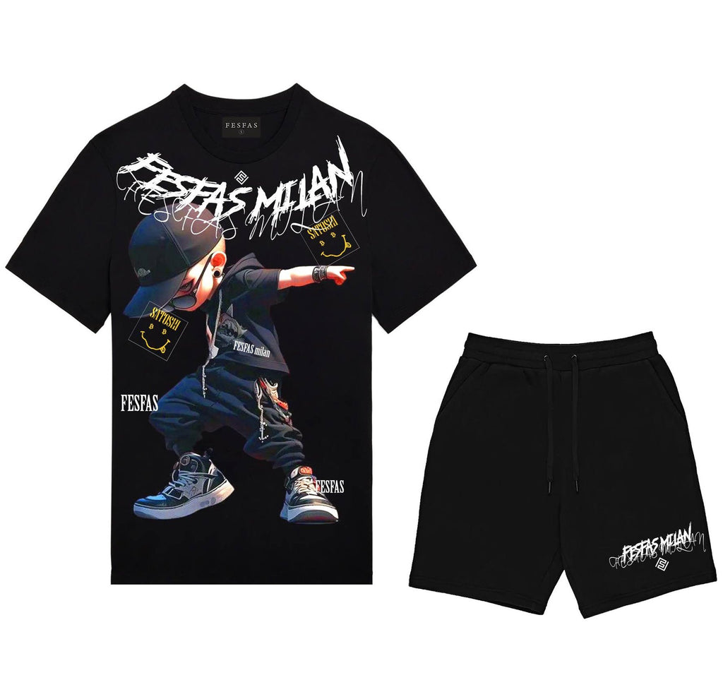 Bộ áo thun và quần short FesFas in hình chàng trai hip-hop