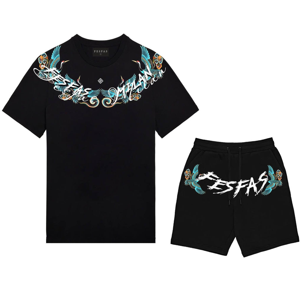 Bộ áo thun và quần short FesFas in hình xanh hạc