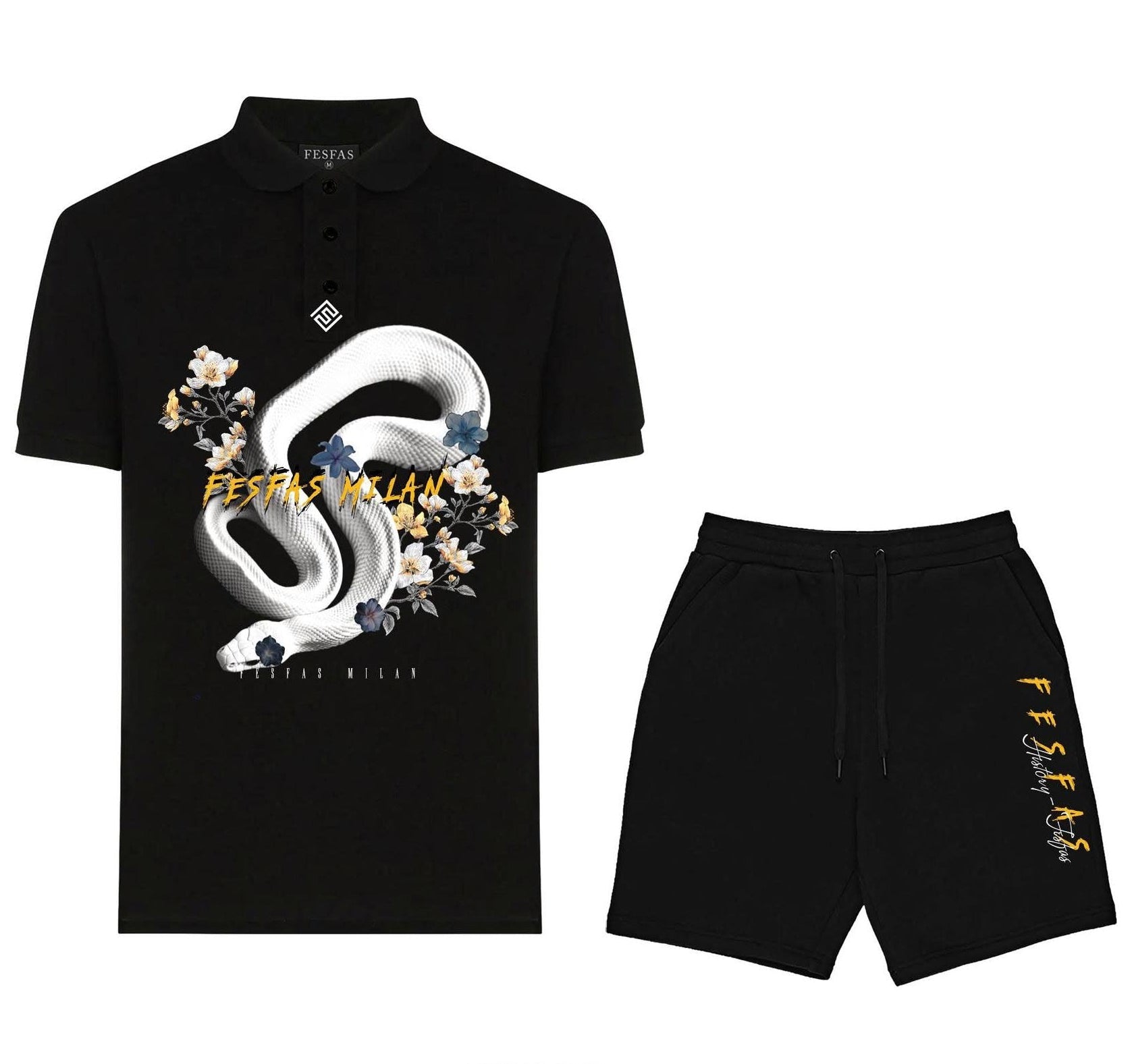 Bộ áo polo và quần short FesFas in hình rắn trắng