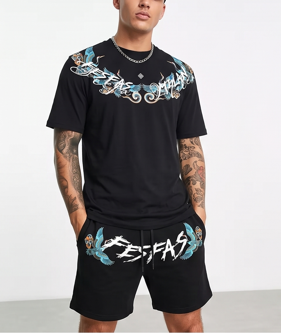 Bộ áo thun và quần short FesFas in hình xanh hạc