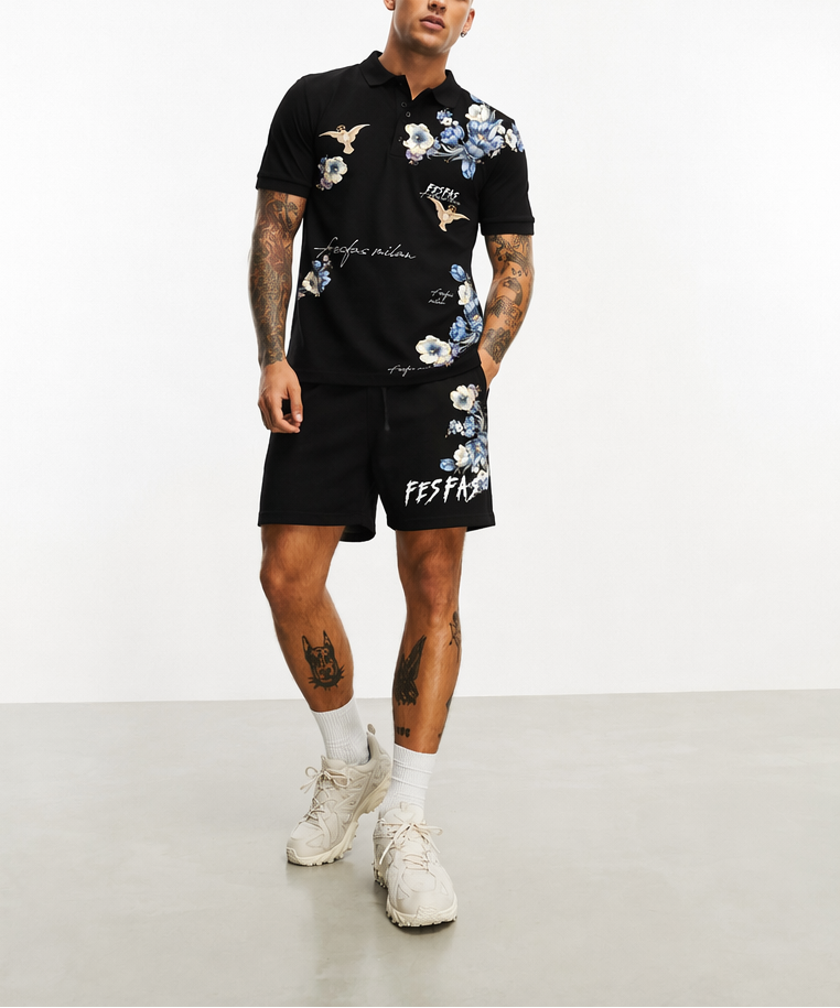 Bộ áo polo và quần short FesFas in hình xanh hoa