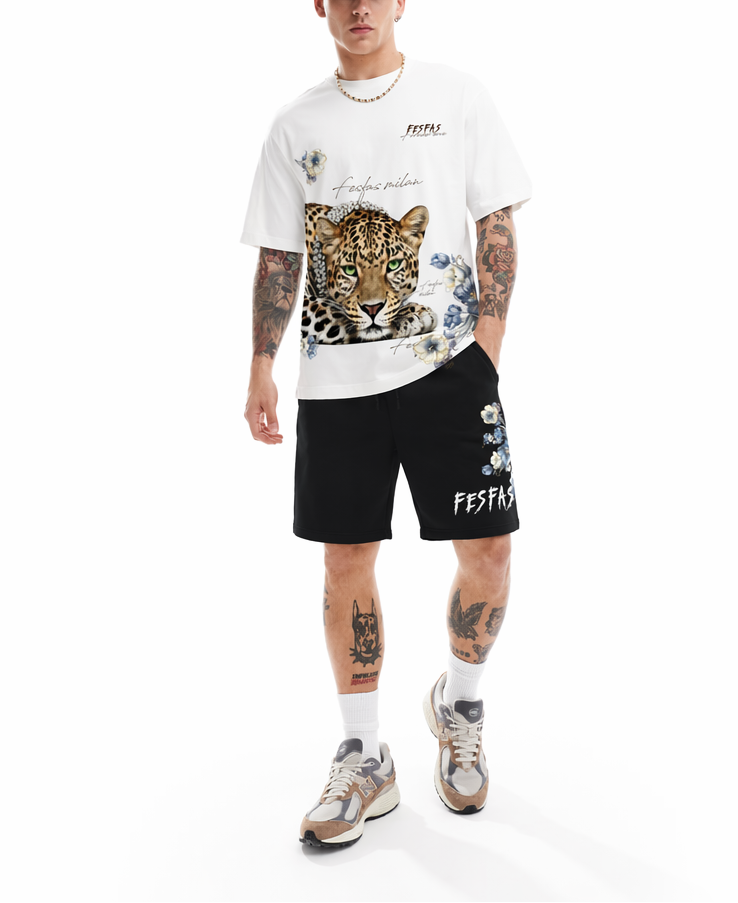 Bộ áo thun và quần short FesFas in hình báo đốm | Đen & Trắng
