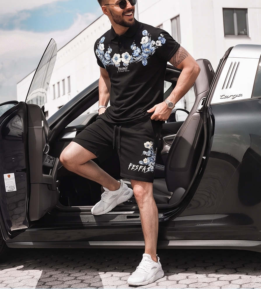 Bộ áo polo và quần short FesFas in hình xanh hoa