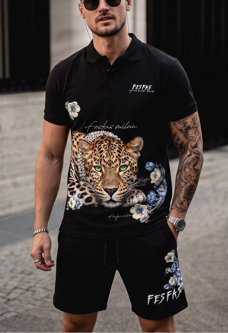 Bộ áo polo và quần short FesFas in hình báo đốm