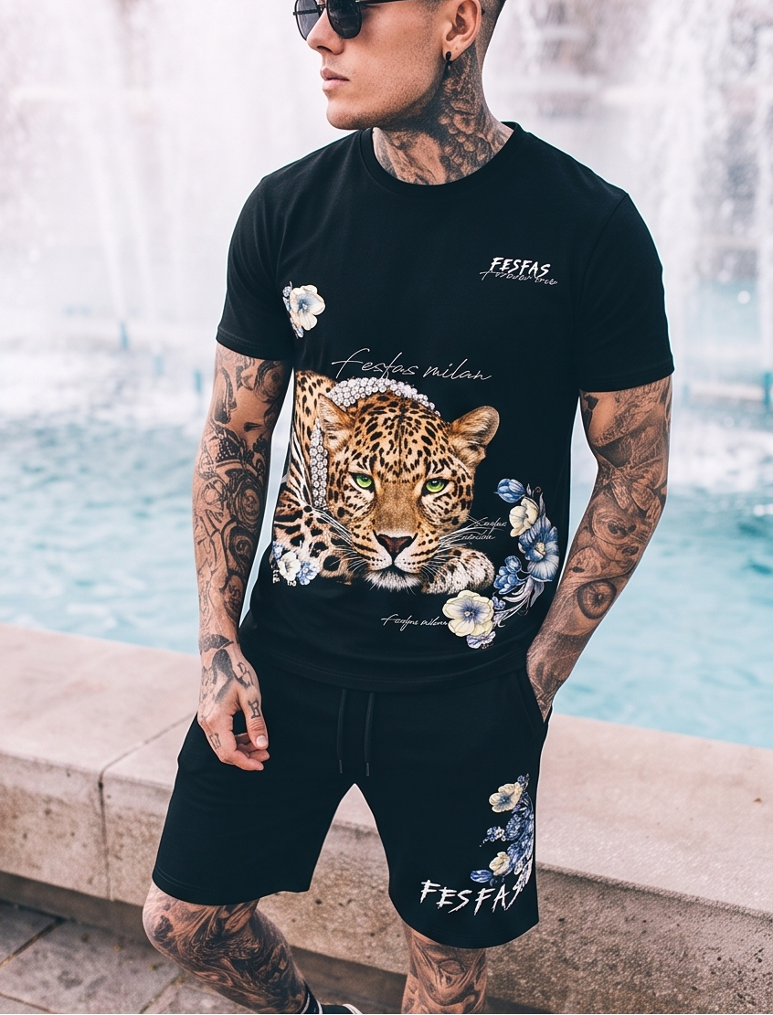 Bộ áo thun và quần short FesFas in hình báo đốm
